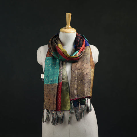 Pure Silk Reversible Patchwork Stole with Tassels 12