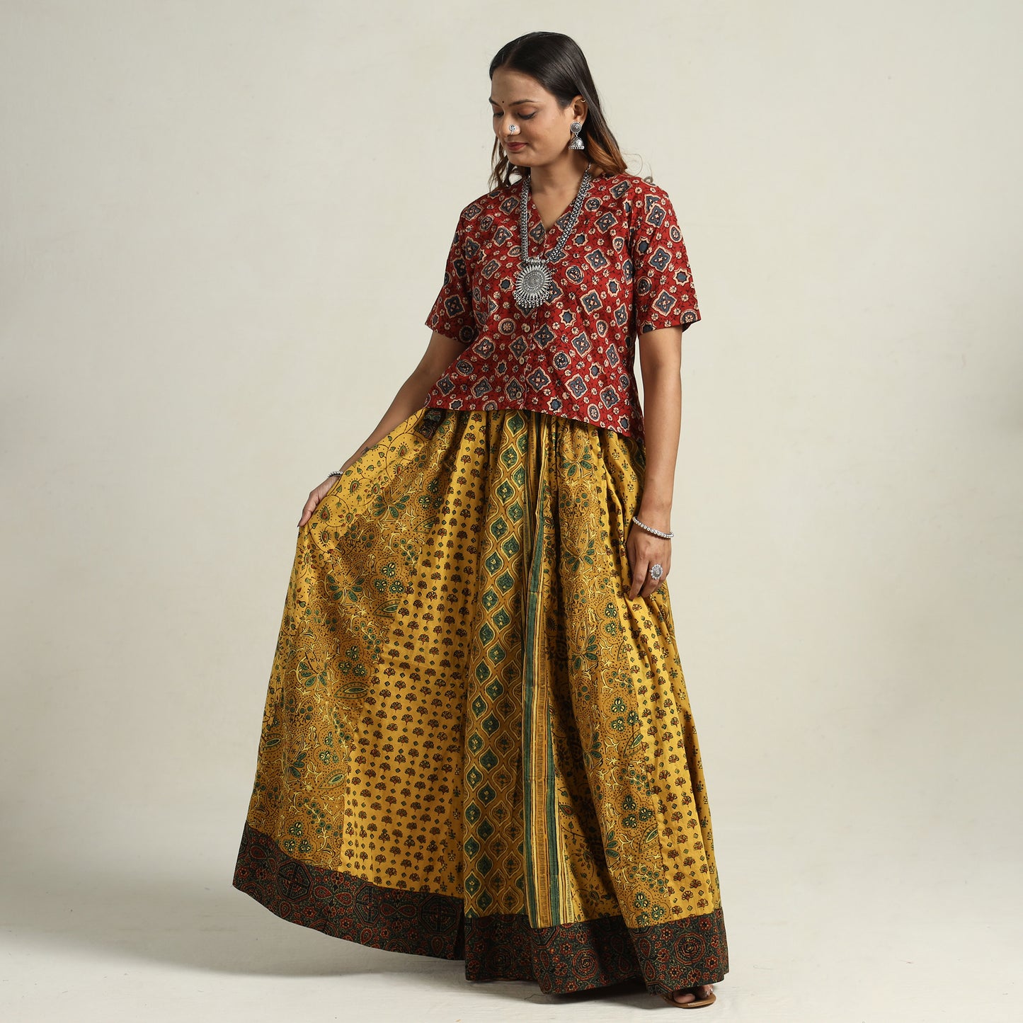 Yellow - Ajrakh Block Printed 24 Kali Patchwork Cotton Long Skirt 21