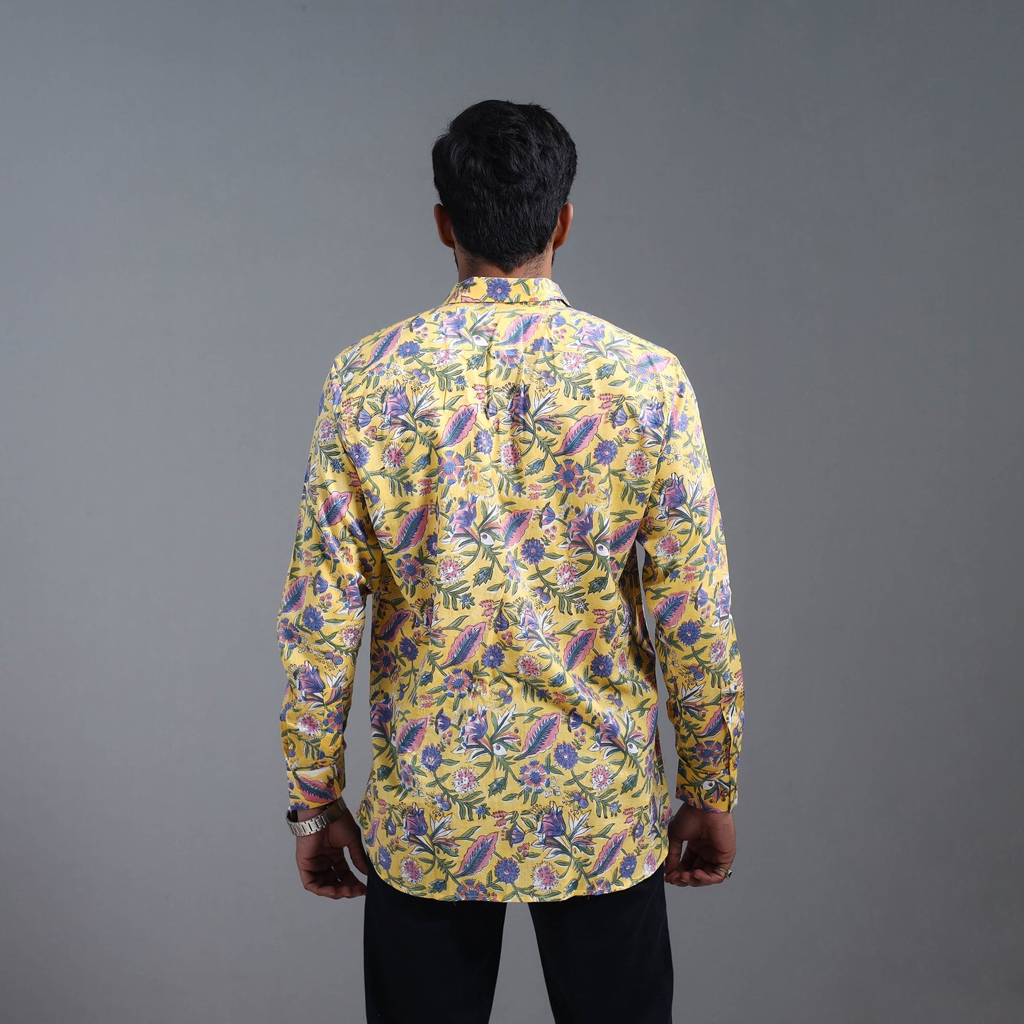 Yellow - Sanganeri Block Printed Cotton Men Full Sleeve Shirt 09