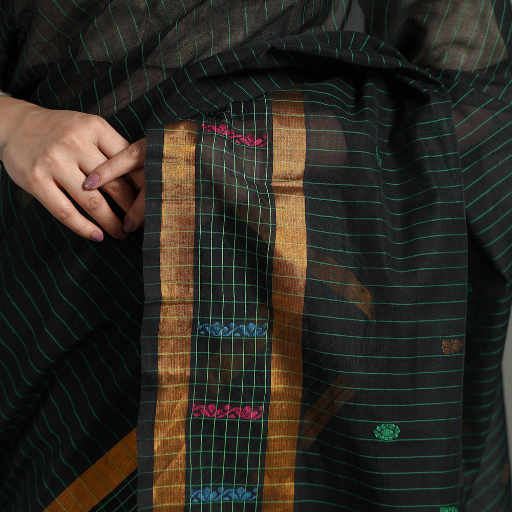 Green - Traditional Venkatagiri Handloom Cotton Stripe Saree with Thread & Zari Buti 34