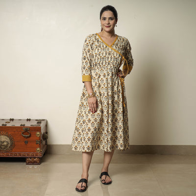 Beige - Bagru Block Printed Cotton Angrakha Flared Dress 07