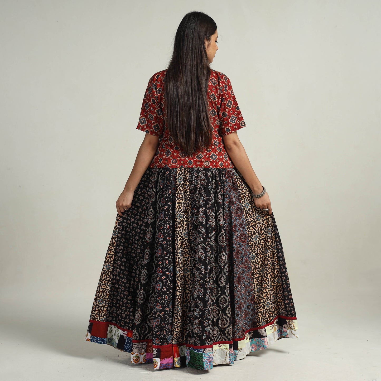 Multicolor - Kutch Block Printed 24 Kali Cotton Long Skirt 36