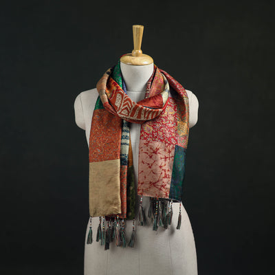 Pure Silk Reversible Patchwork Stole with Tassels 13