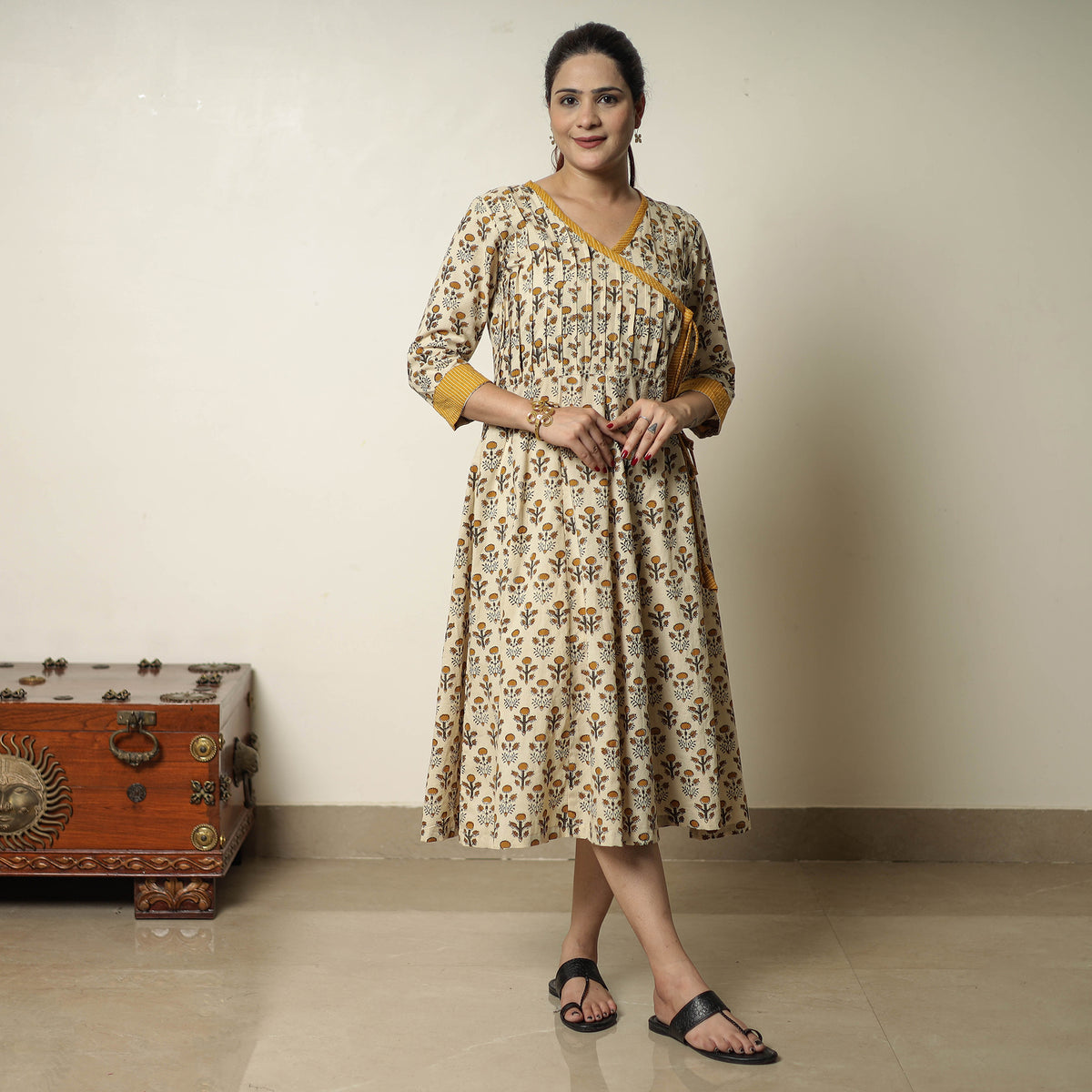 Beige - Bagru Block Printed Cotton Angrakha Flared Dress 07