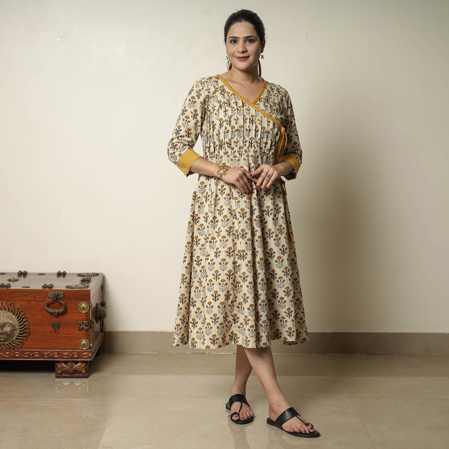 Beige - Bagru Block Printed Cotton Angrakha Flared Dress 07