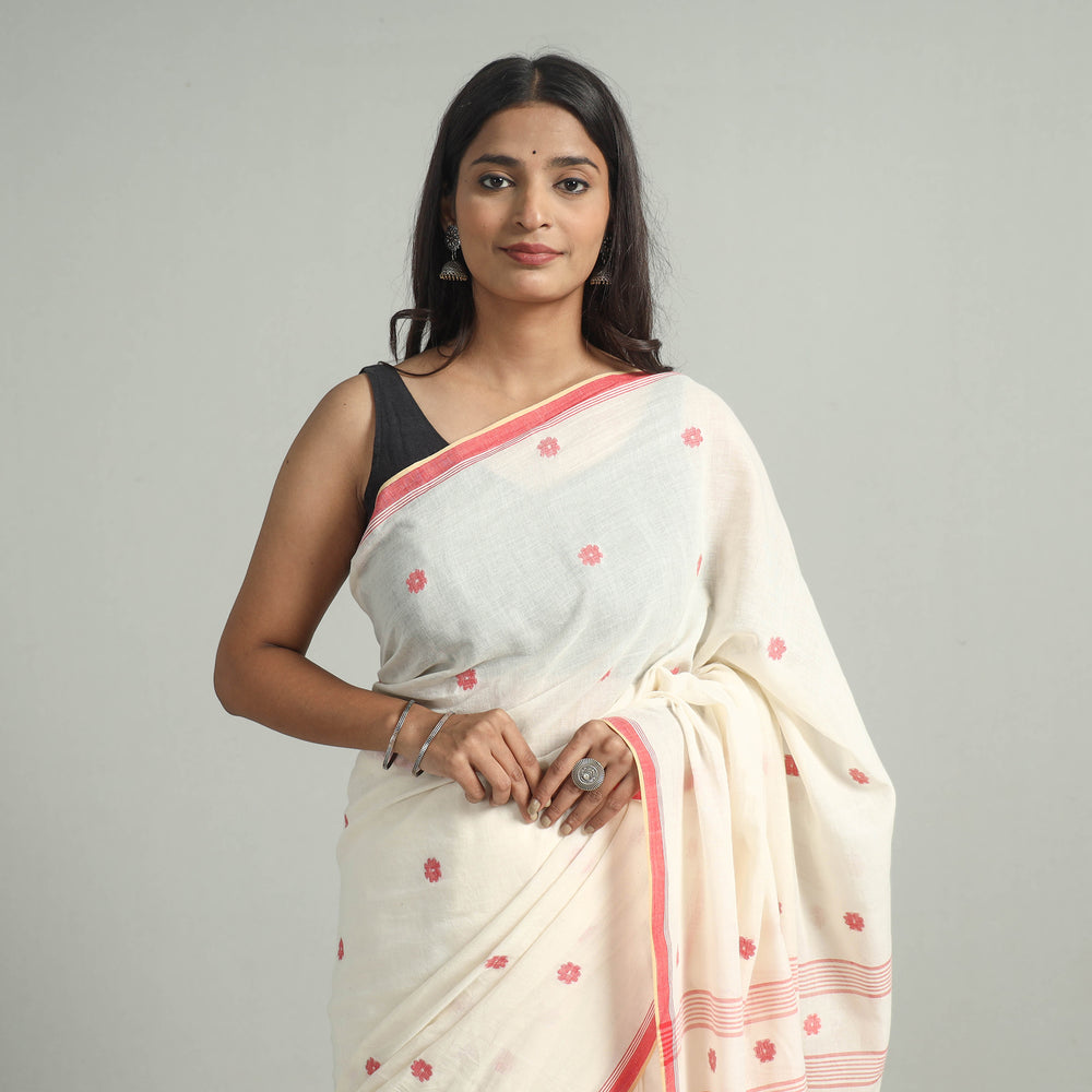 White - Handloom Cotton Phulia Jamdani Saree with Tassels 35