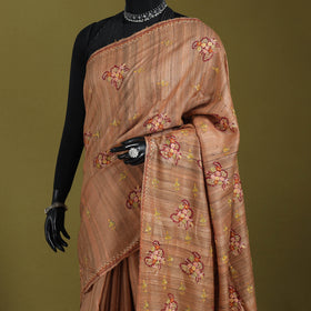 Brown - kashidakari hand embroidery pure tussar silk saree