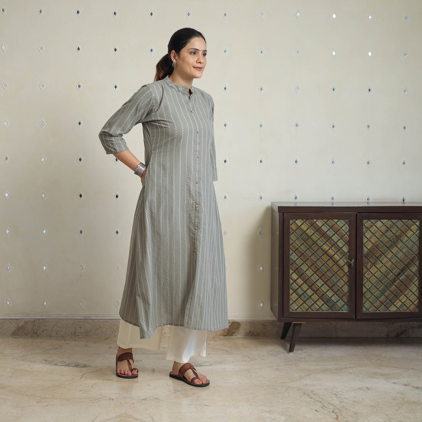 Grey - Jacquard Cotton A-Line Kurta 16