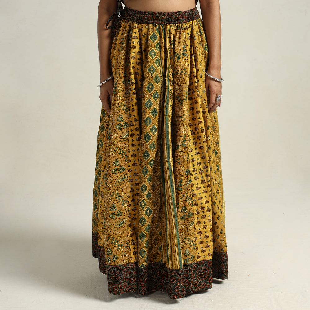 Yellow - Ajrakh Block Printed 24 Kali Patchwork Cotton Long Skirt 21