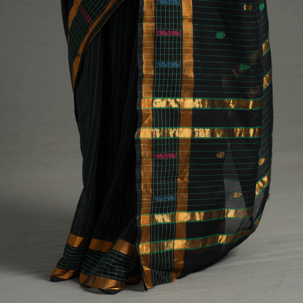 Green - Traditional Venkatagiri Handloom Cotton Stripe Saree with Thread & Zari Buti 34