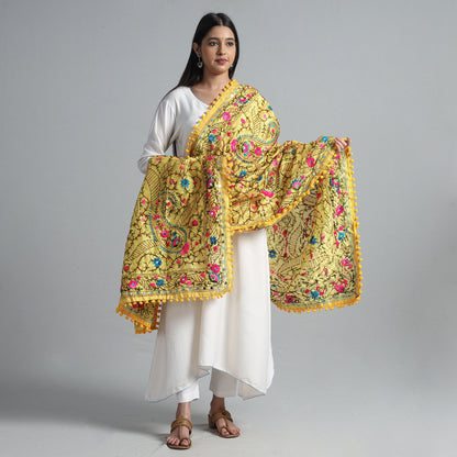 Yellow - Ranihati Chanderi Silk Chapa Work Phulkari Embroidered Dupatta with Pom Pom 59