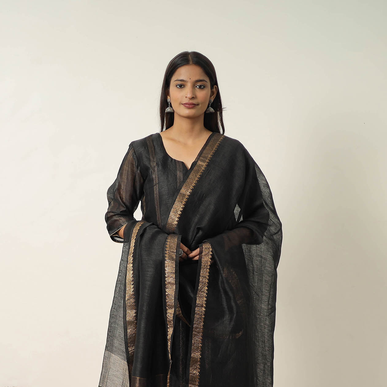 Black - Elegant Linen Silk Handloom Plain Kurta Set 04