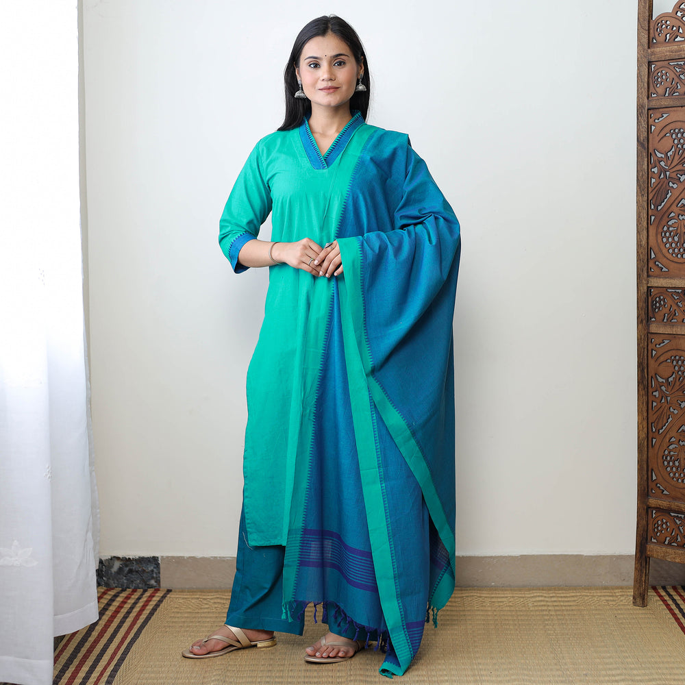 Green - Dharwad Cotton Kurta with Palazzo & Dupatta Set 24