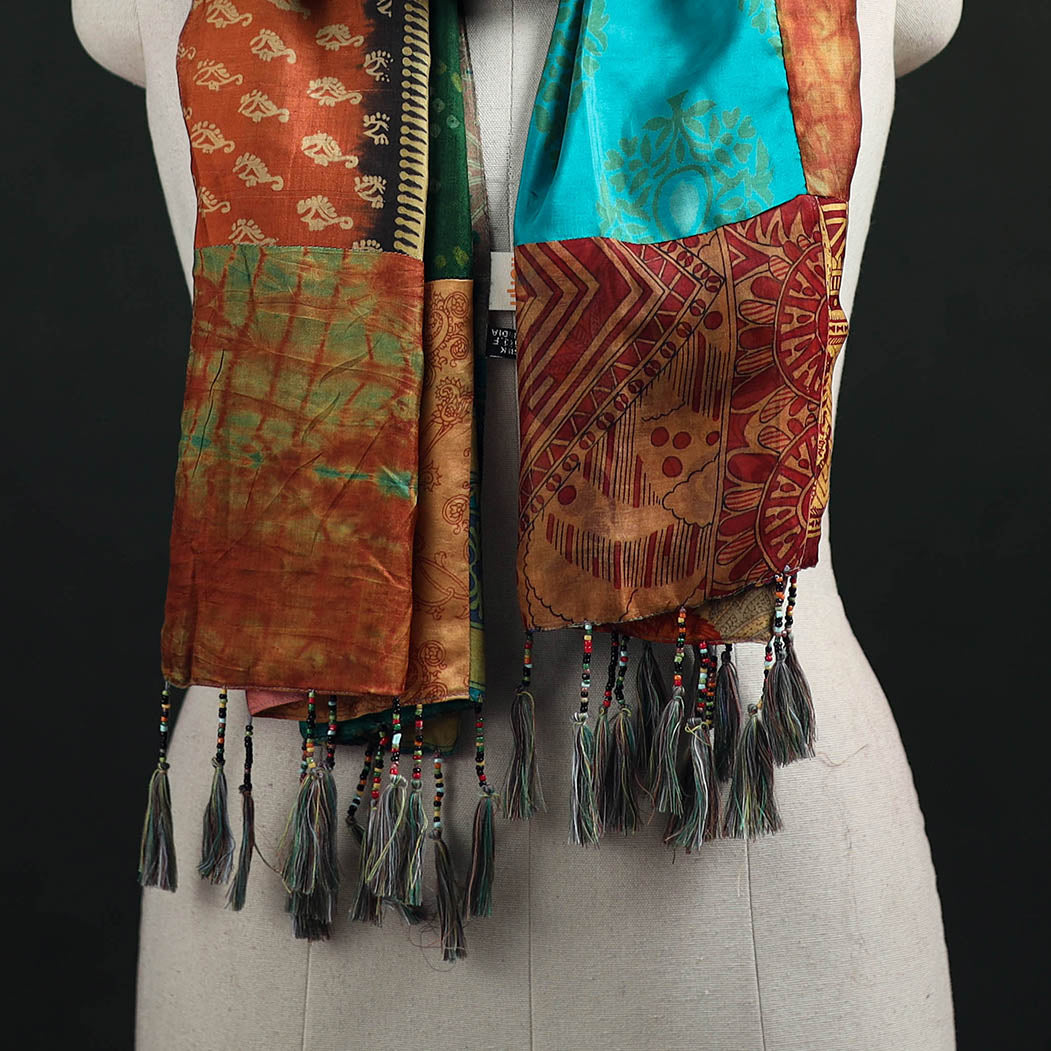 Pure Silk Reversible Patchwork Stole with Tassels 14