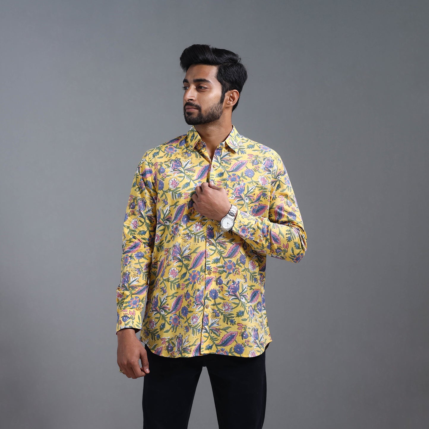 Yellow - Sanganeri Block Printed Cotton Men Full Sleeve Shirt 09