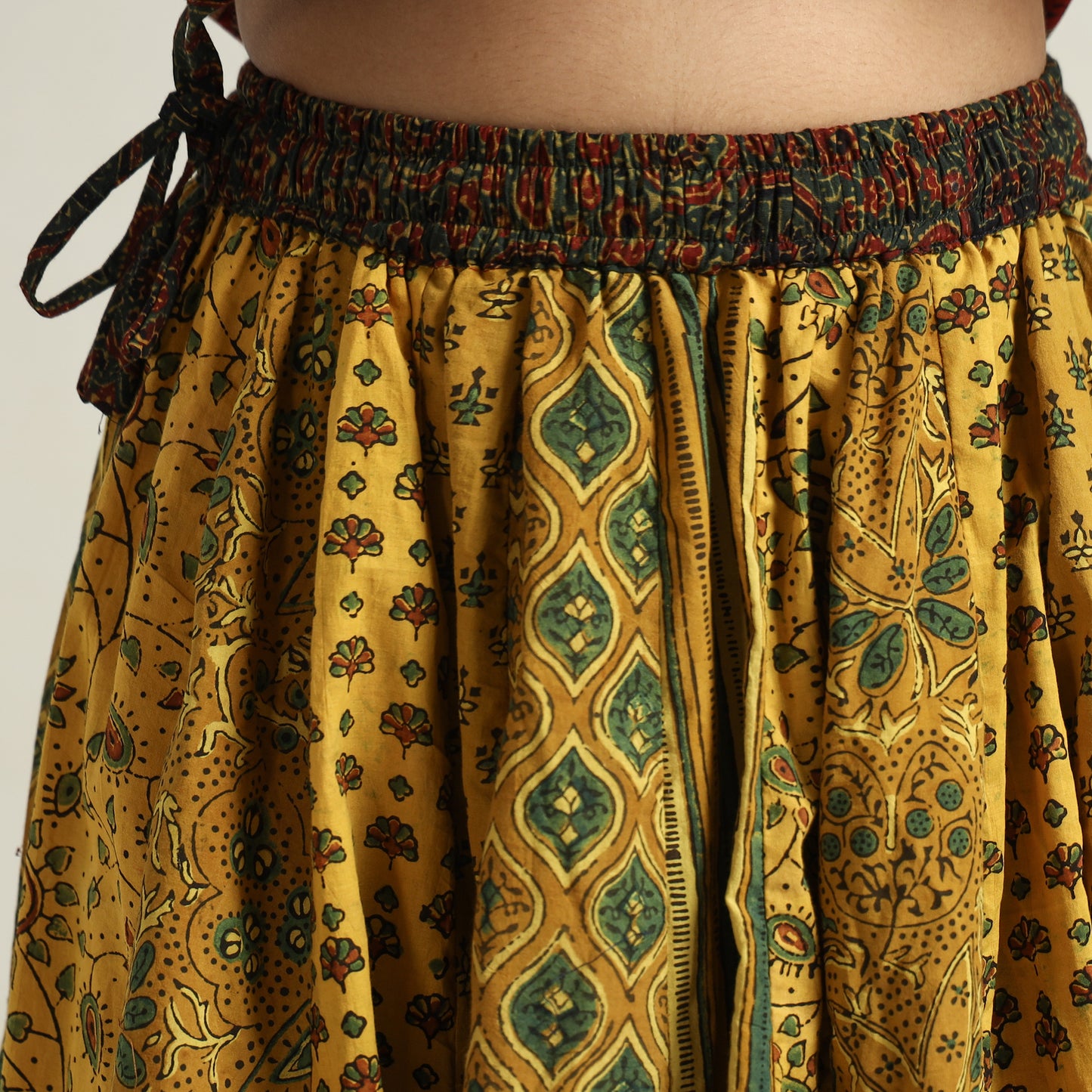 Yellow - Ajrakh Block Printed 24 Kali Patchwork Cotton Long Skirt 21