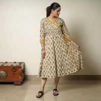 Beige - Bagru Block Printed Cotton Angrakha Flared Dress 07