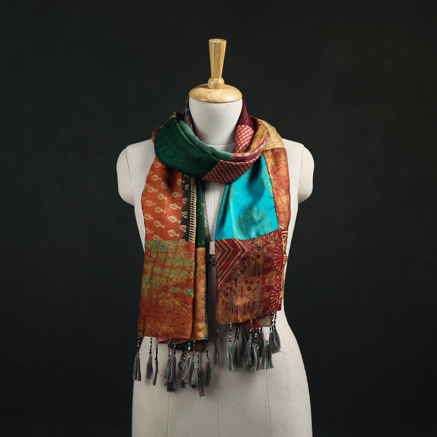 Pure Silk Reversible Patchwork Stole with Tassels 14