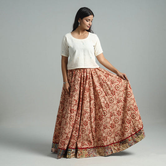 Peach - Hand Block Printed Cotton Long Kalamkari Skirt 05