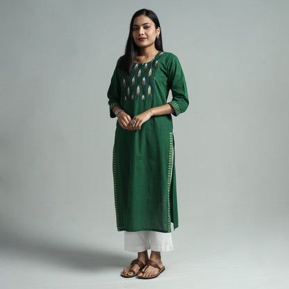 Dark Green - Dharwad Cotton Straight Kurta with Ikat Patchwork