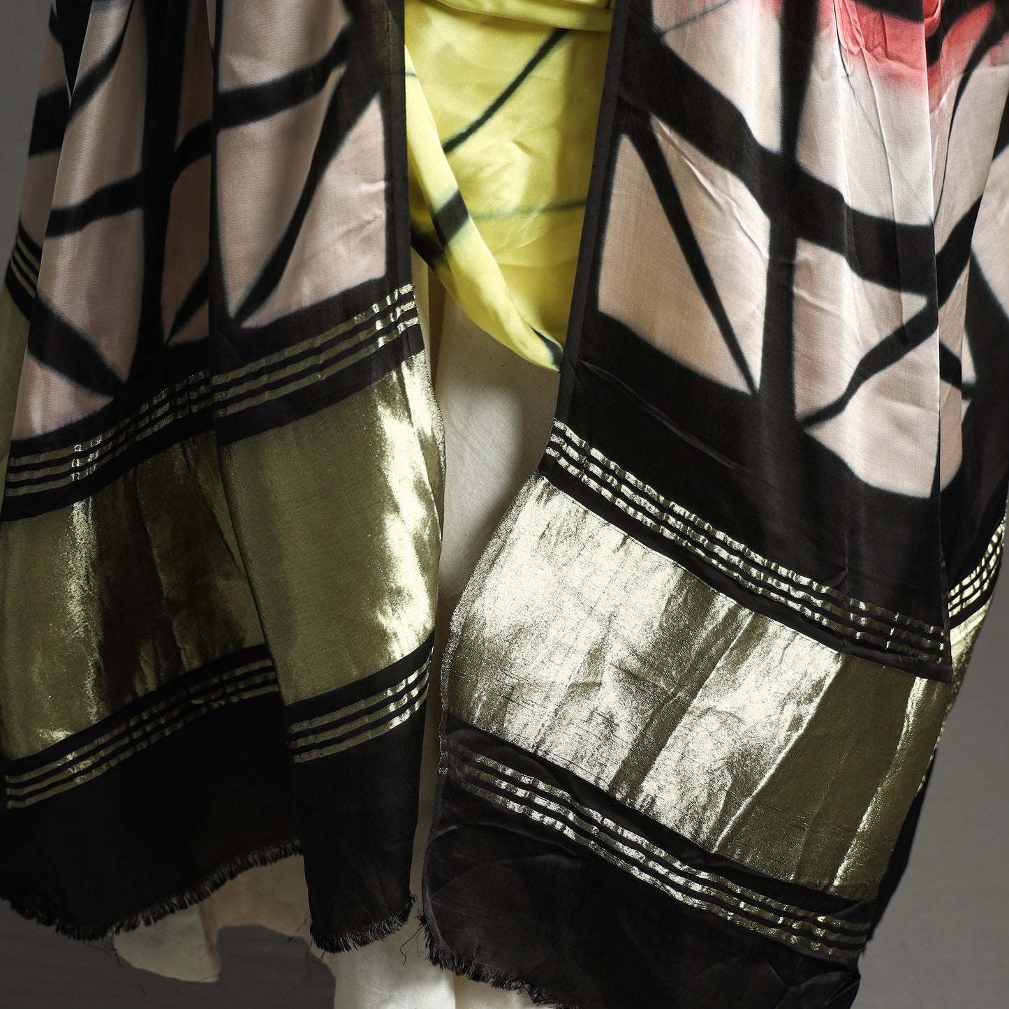 Multicolor - Shibori Clamp Dyed Modal Silk Dupatta with Zari Border 34