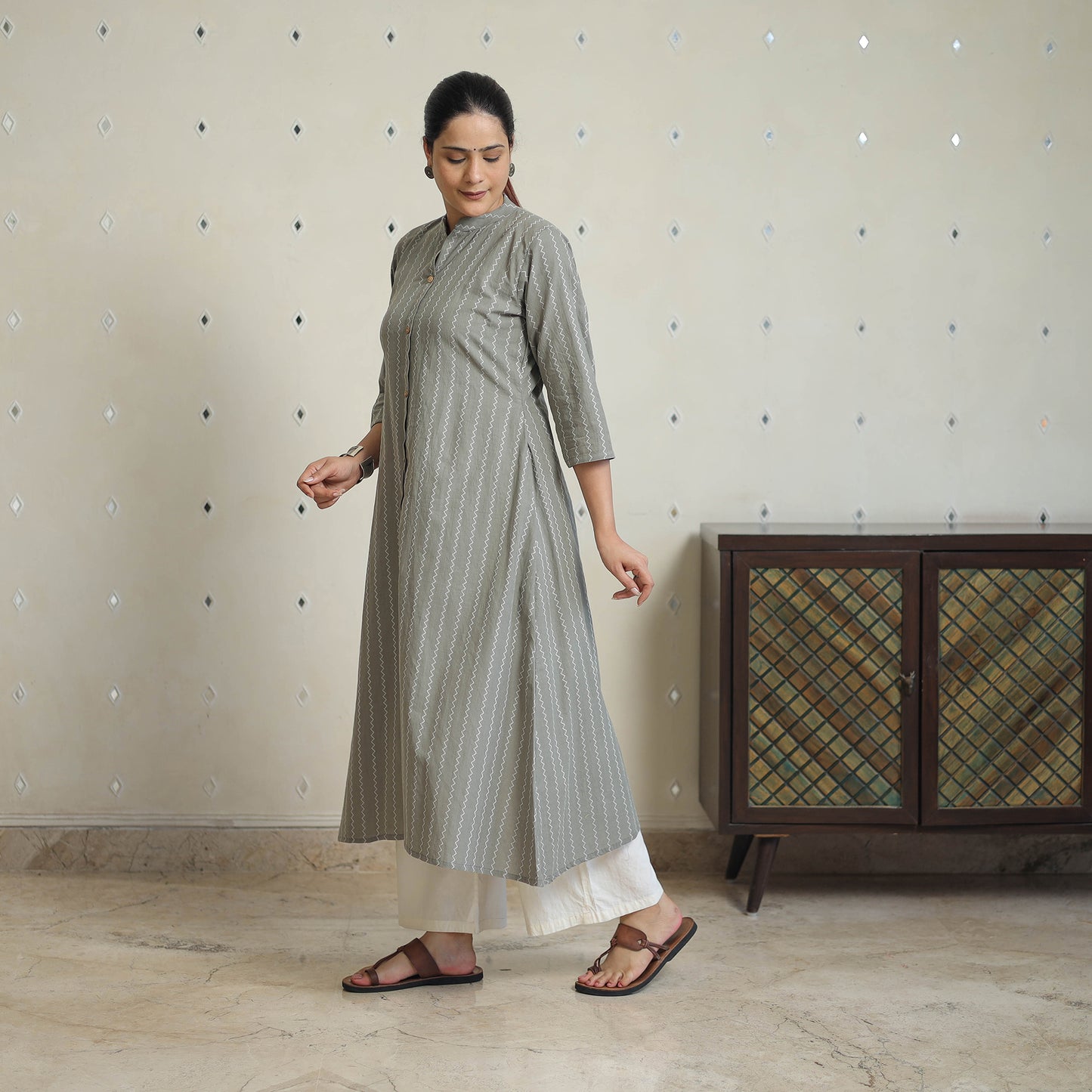 Grey - Jacquard Cotton A-Line Kurta 16