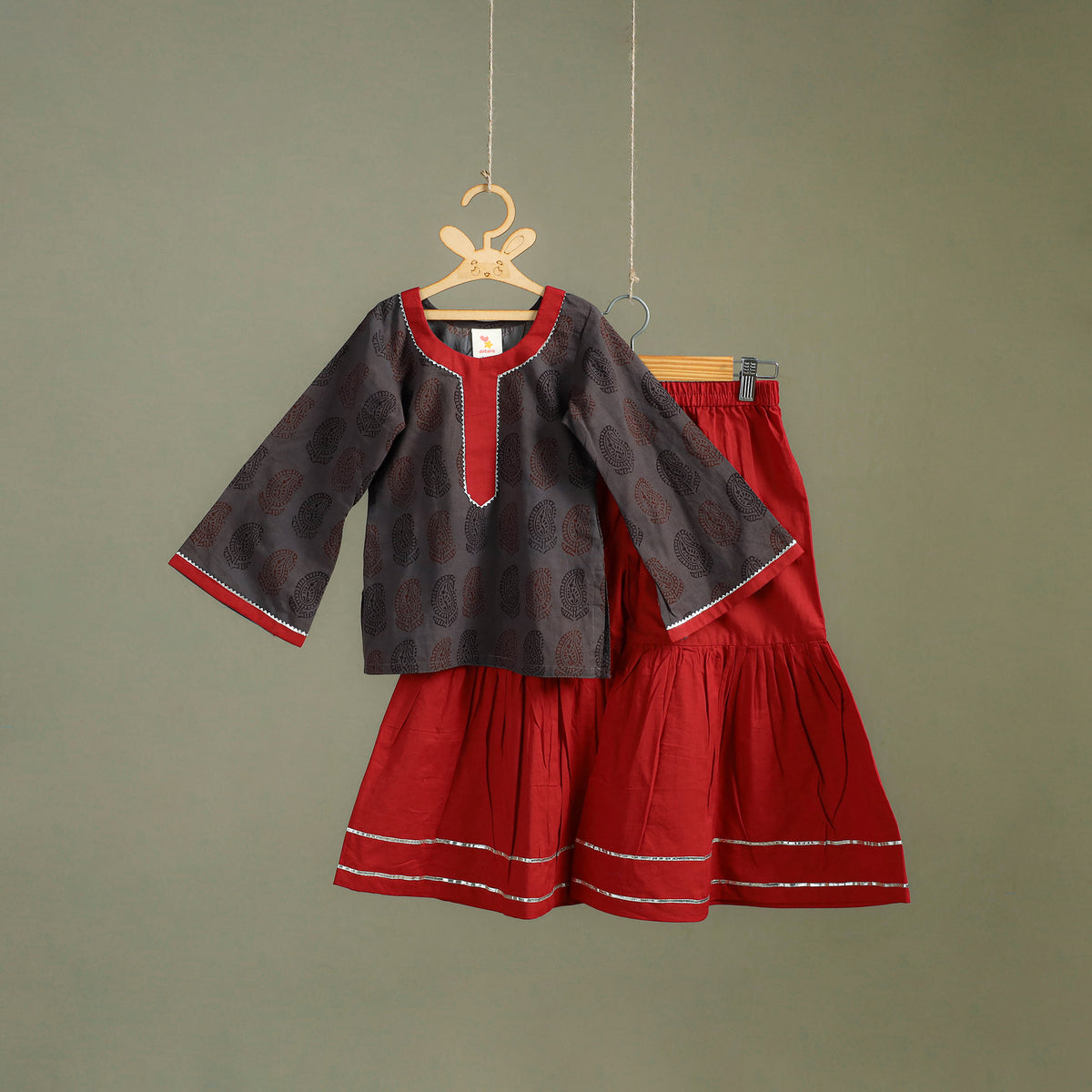 Girls Gota Work Bagh Block Print Cotton Kurta with Sharara Set (3-4 Years) 47