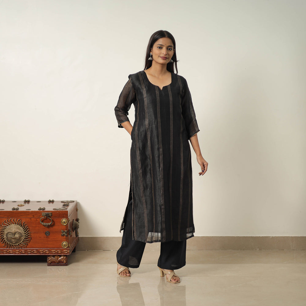 Black - Elegant Linen Silk Handloom Plain Kurta Set 04