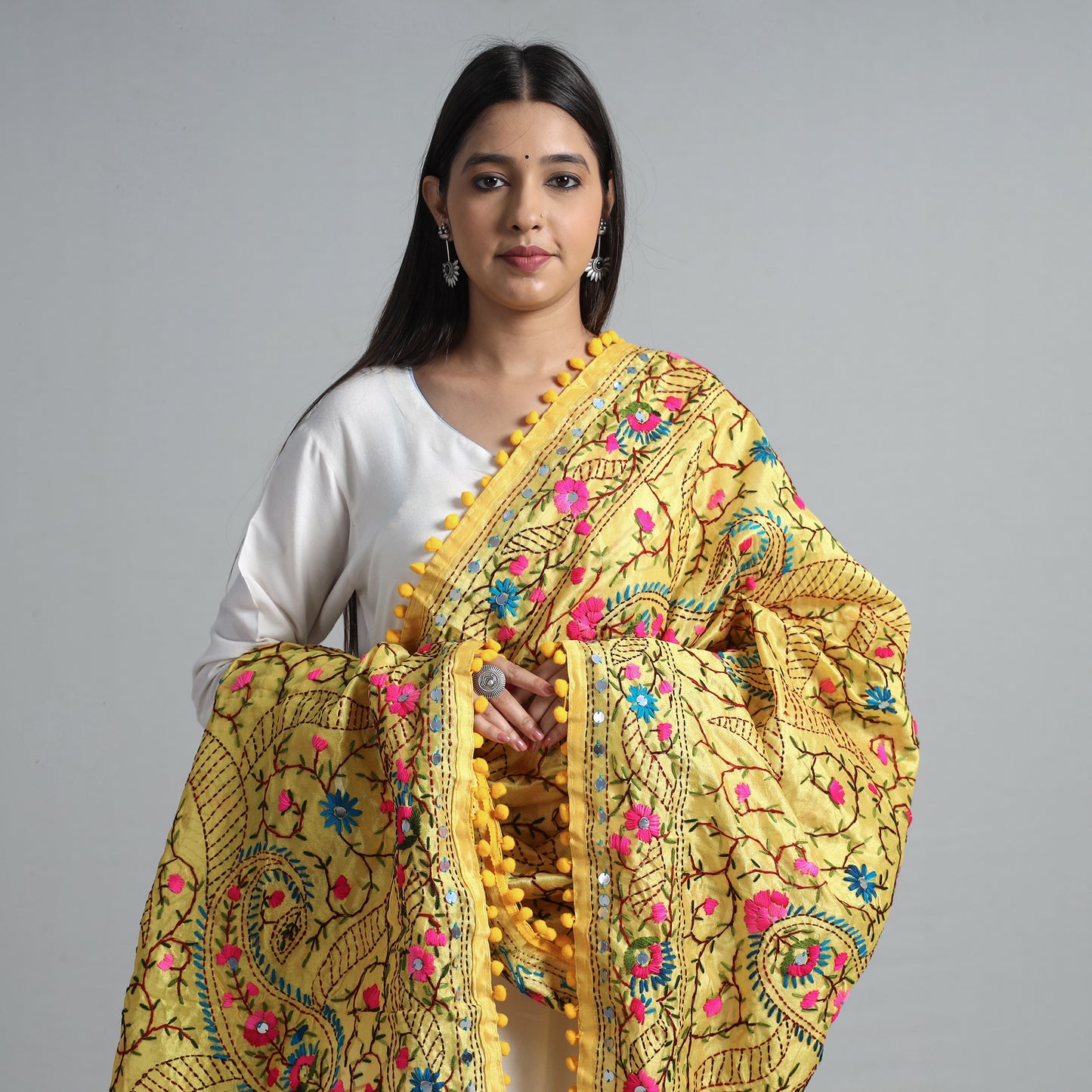 Yellow - Ranihati Chanderi Silk Chapa Work Phulkari Embroidered Dupatta with Pom Pom 59