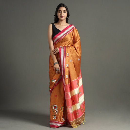 Brown - Khun Weave Silk Cotton Saree with Thread Border 05