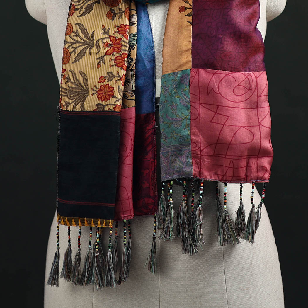 Pure Silk Reversible Patchwork Stole with Tassels 15
