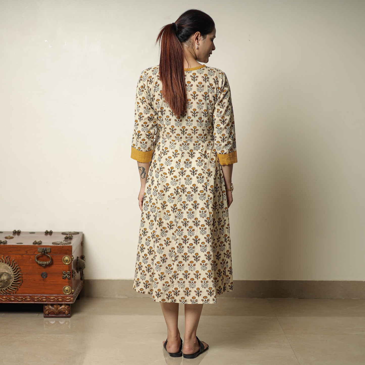 Beige - Bagru Block Printed Cotton Angrakha Flared Dress 07