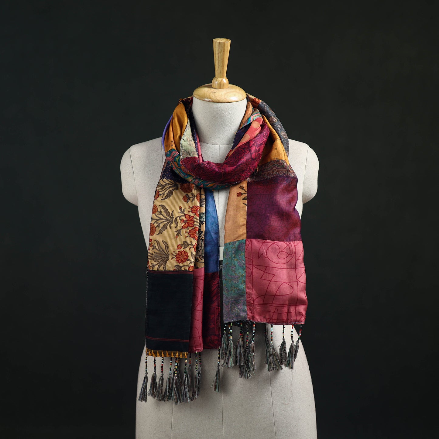 Pure Silk Reversible Patchwork Stole with Tassels 15