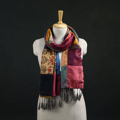 Pure Silk Reversible Patchwork Stole with Tassels 15