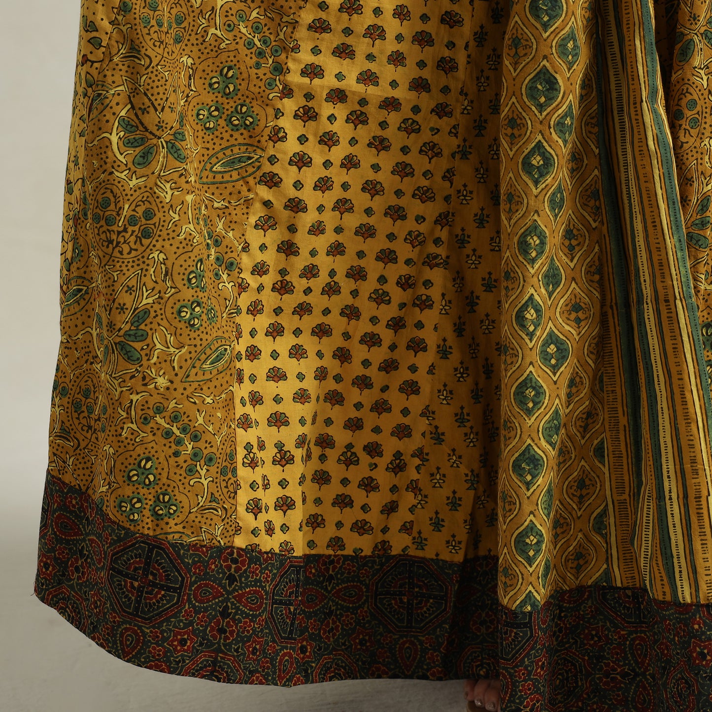 Yellow - Ajrakh Block Printed 24 Kali Patchwork Cotton Long Skirt 21