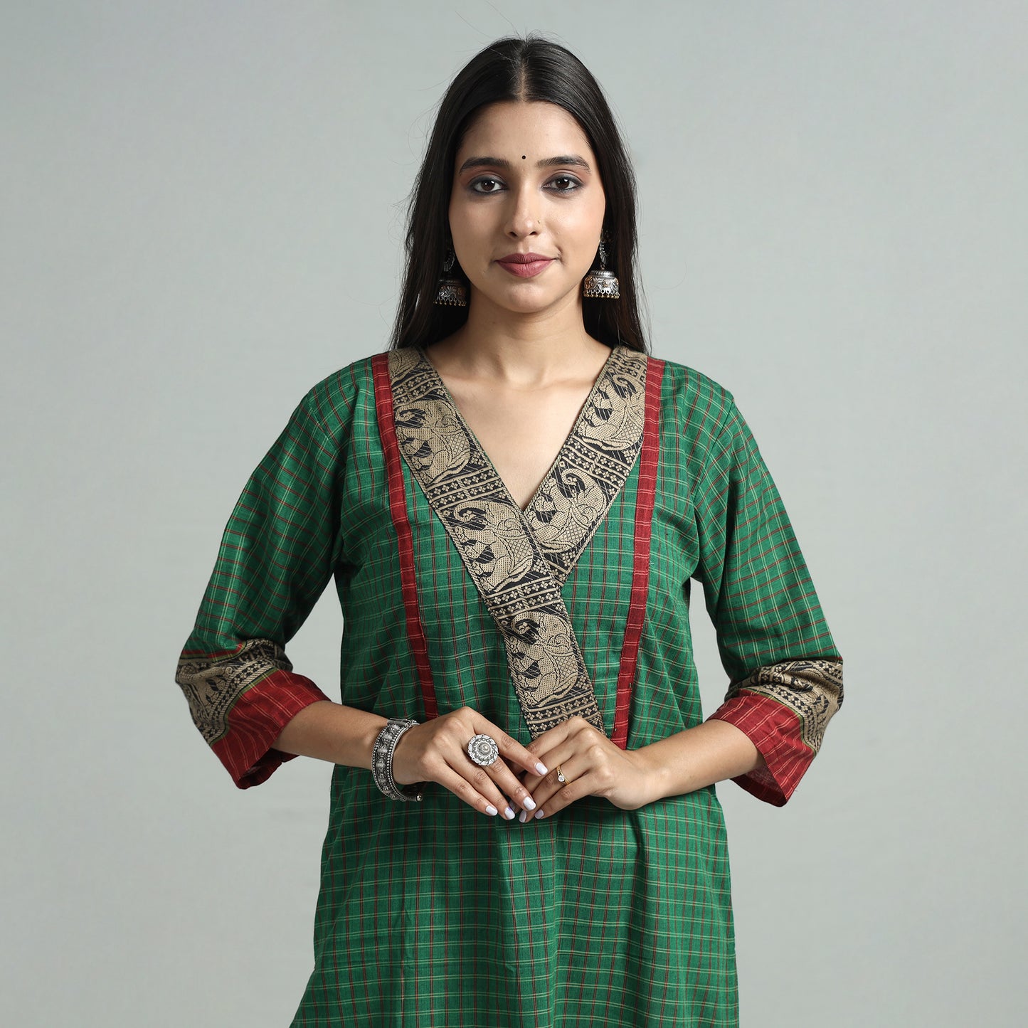 Green - Dharwad Checks Cotton Straight Kurta