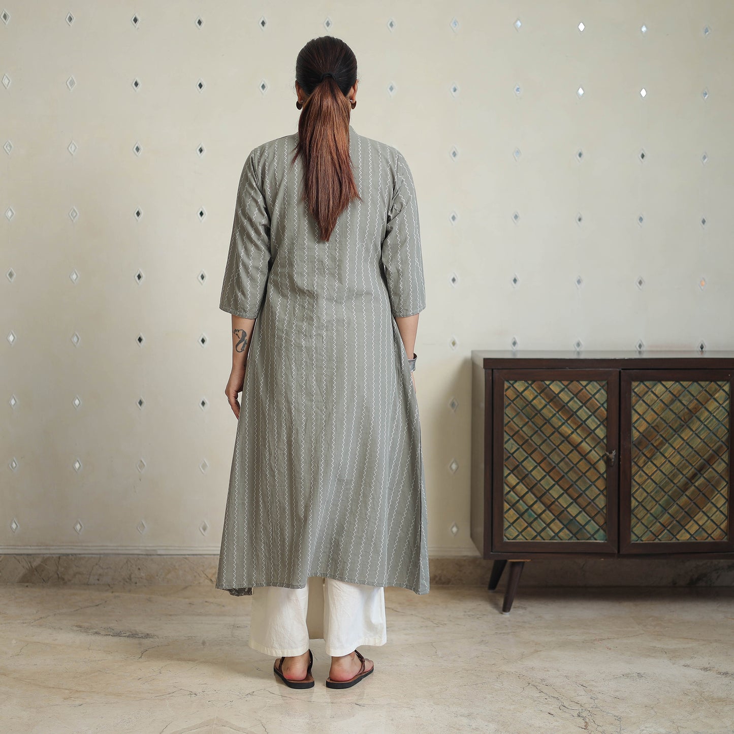 Grey - Jacquard Cotton A-Line Kurta 16