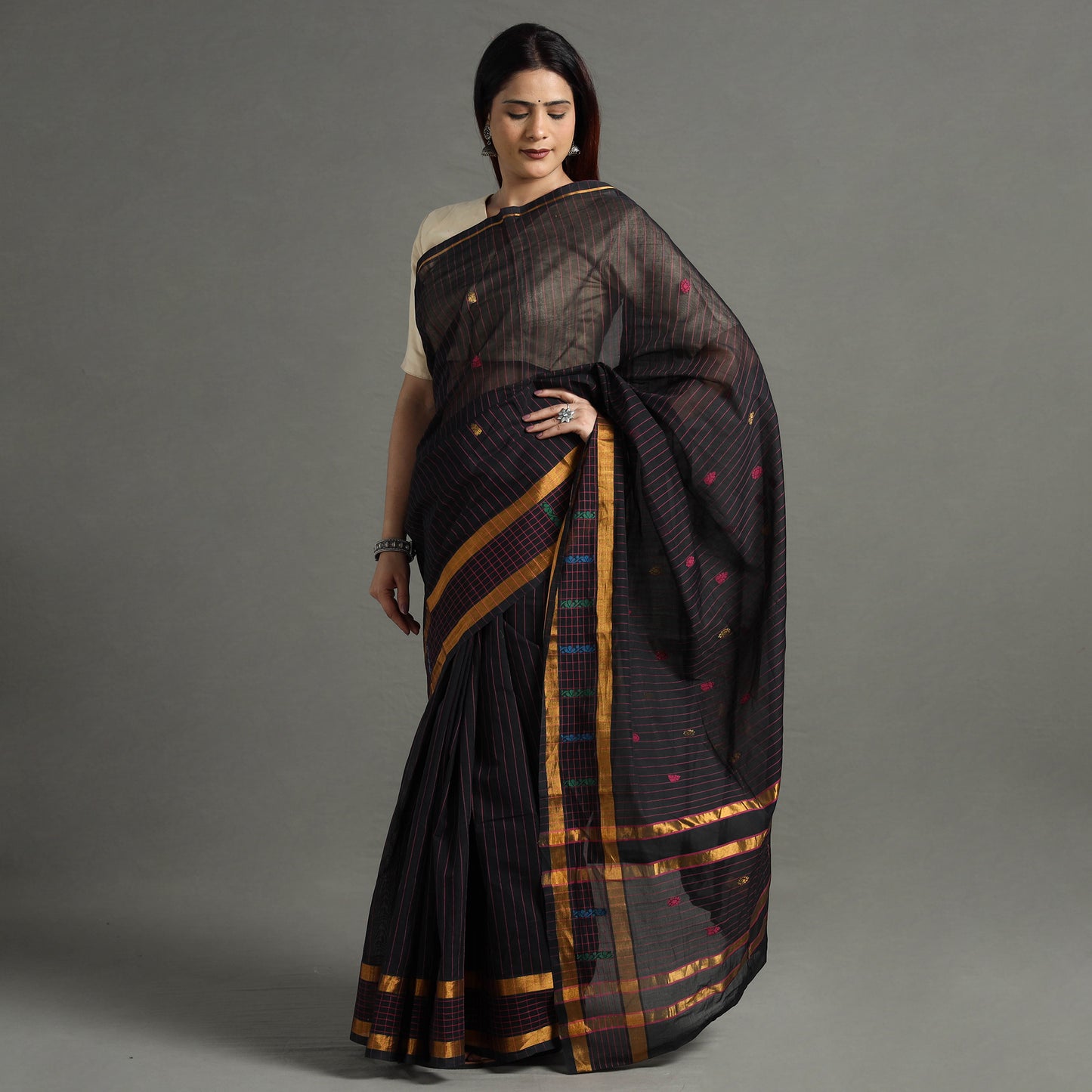 Black - Traditional Venkatagiri Handloom Cotton Stripe Saree with Thread & Zari Buti 35