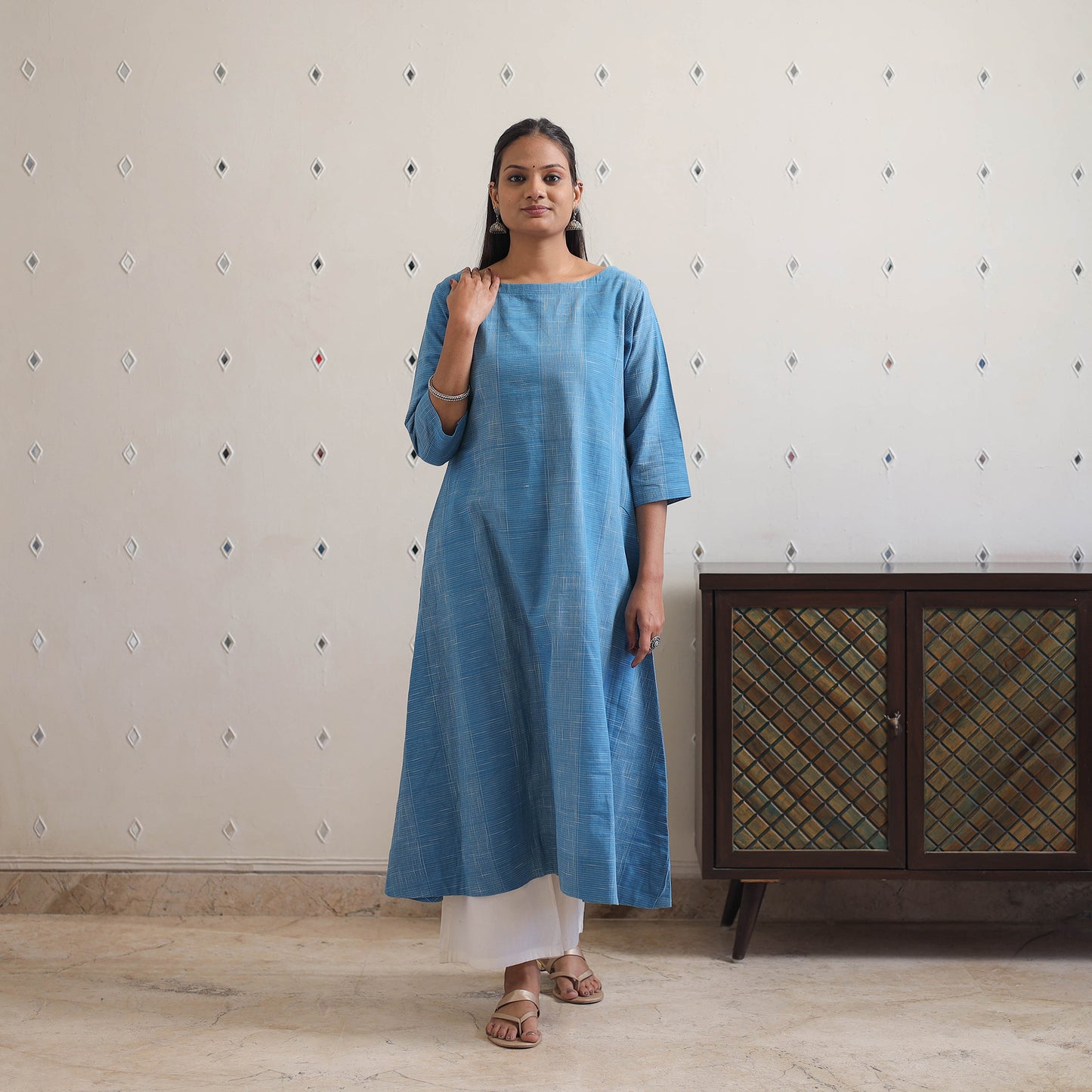 Blue - Handwoven Checks Cotton Flared Kurta 29