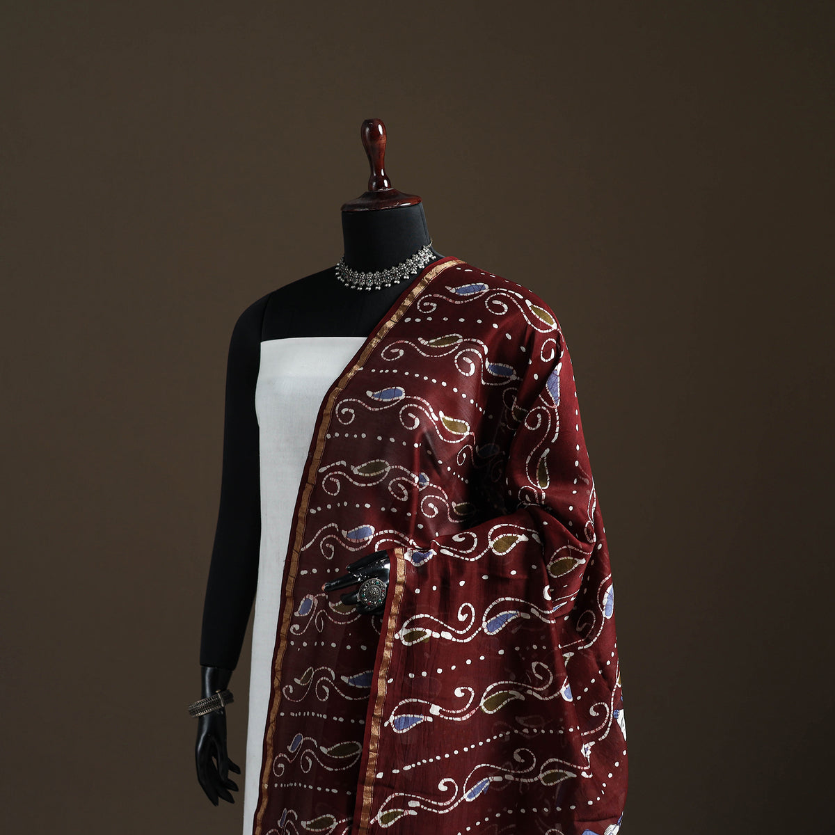 Maroon - Hand Batik Print Handloom Chanderi Silk Dupatta 07