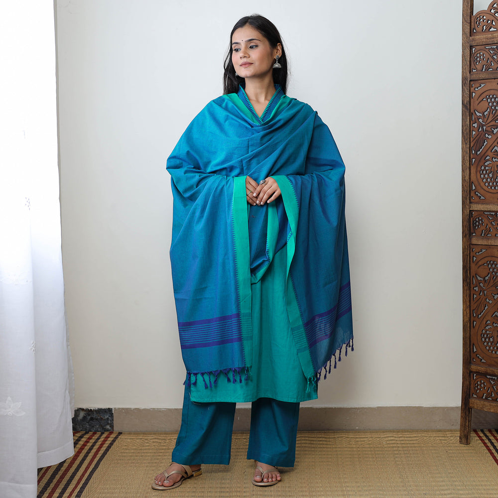 Green - Dharwad Cotton Kurta with Palazzo & Dupatta Set 24