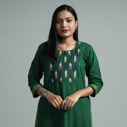 Dark Green - Dharwad Cotton Straight Kurta with Ikat Patchwork