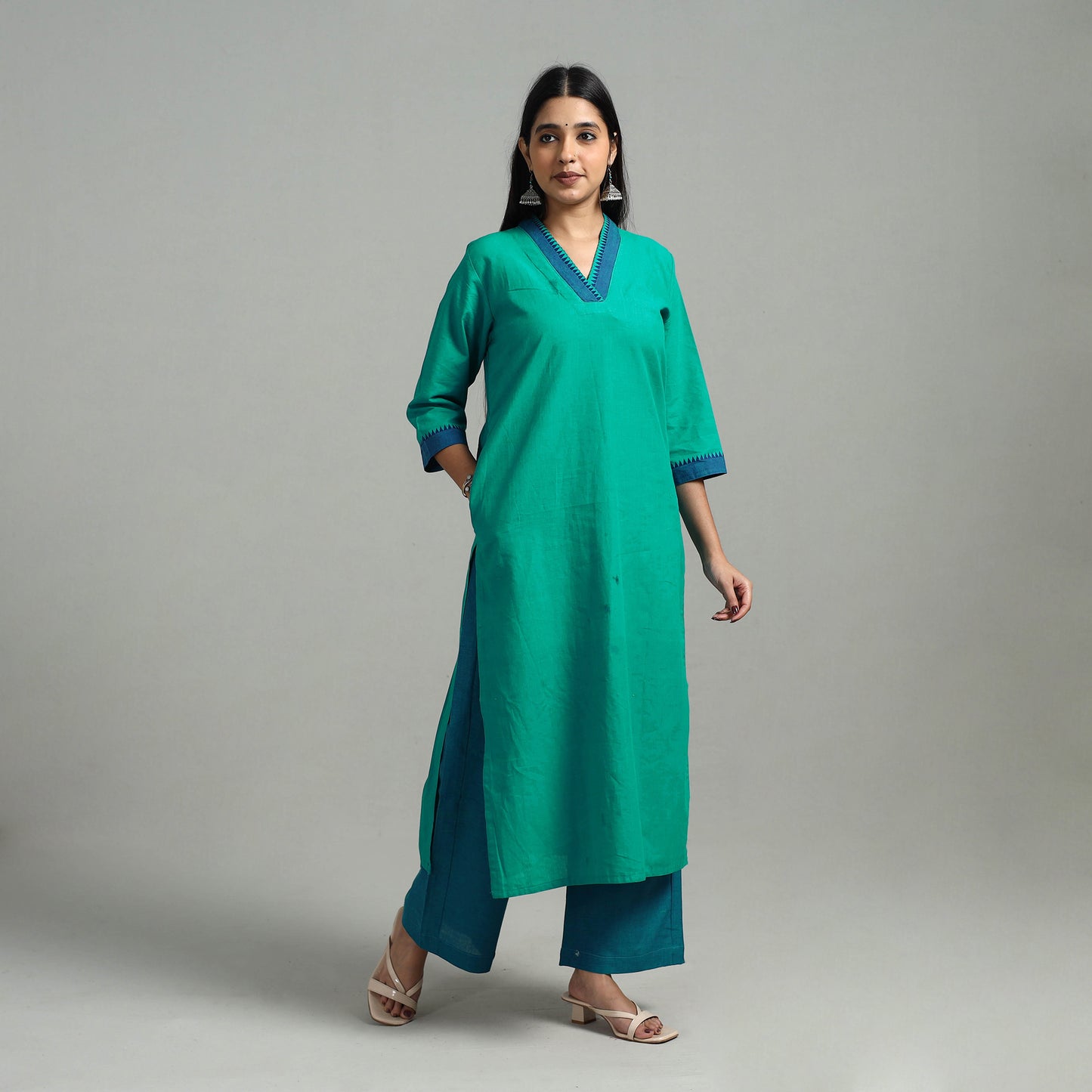 Green - Cotton Dharwad Kurta Set with Palazzo & Dupatta 24