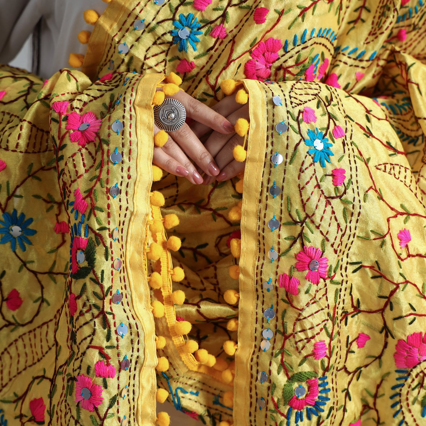 Yellow - Ranihati Chanderi Silk Chapa Work Phulkari Embroidered Dupatta with Pom Pom 56
