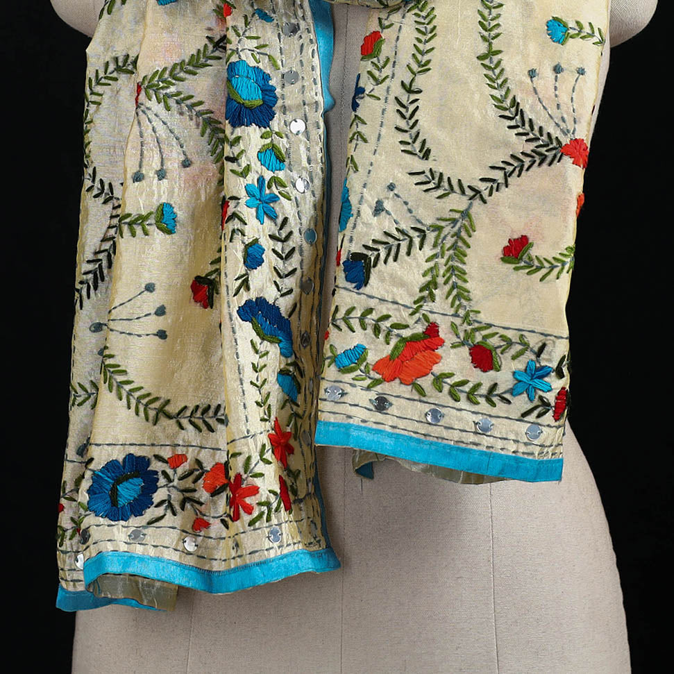 Beige - Ranihati Chanderi Silk Hand Embroidered Stole 98