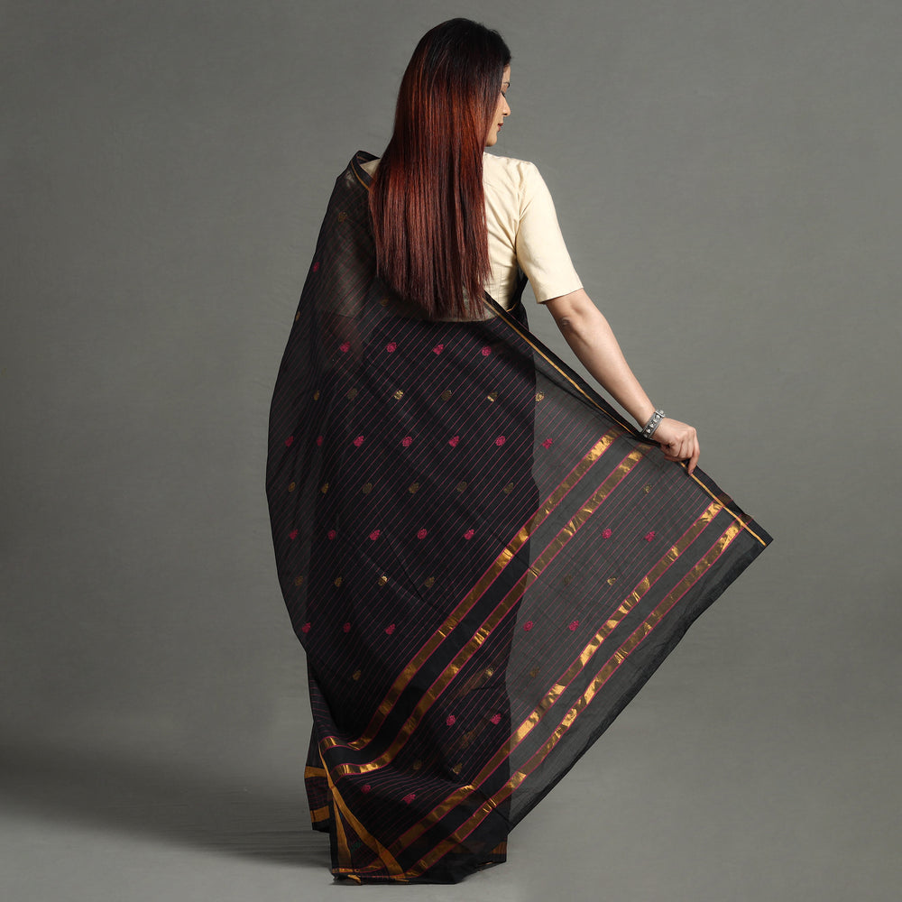 Black - Traditional Venkatagiri Handloom Cotton Stripe Saree with Thread & Zari Buti 35