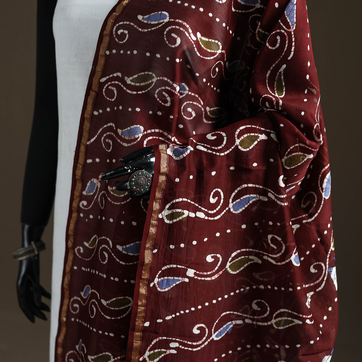 Maroon - Hand Batik Print Handloom Chanderi Silk Dupatta 07