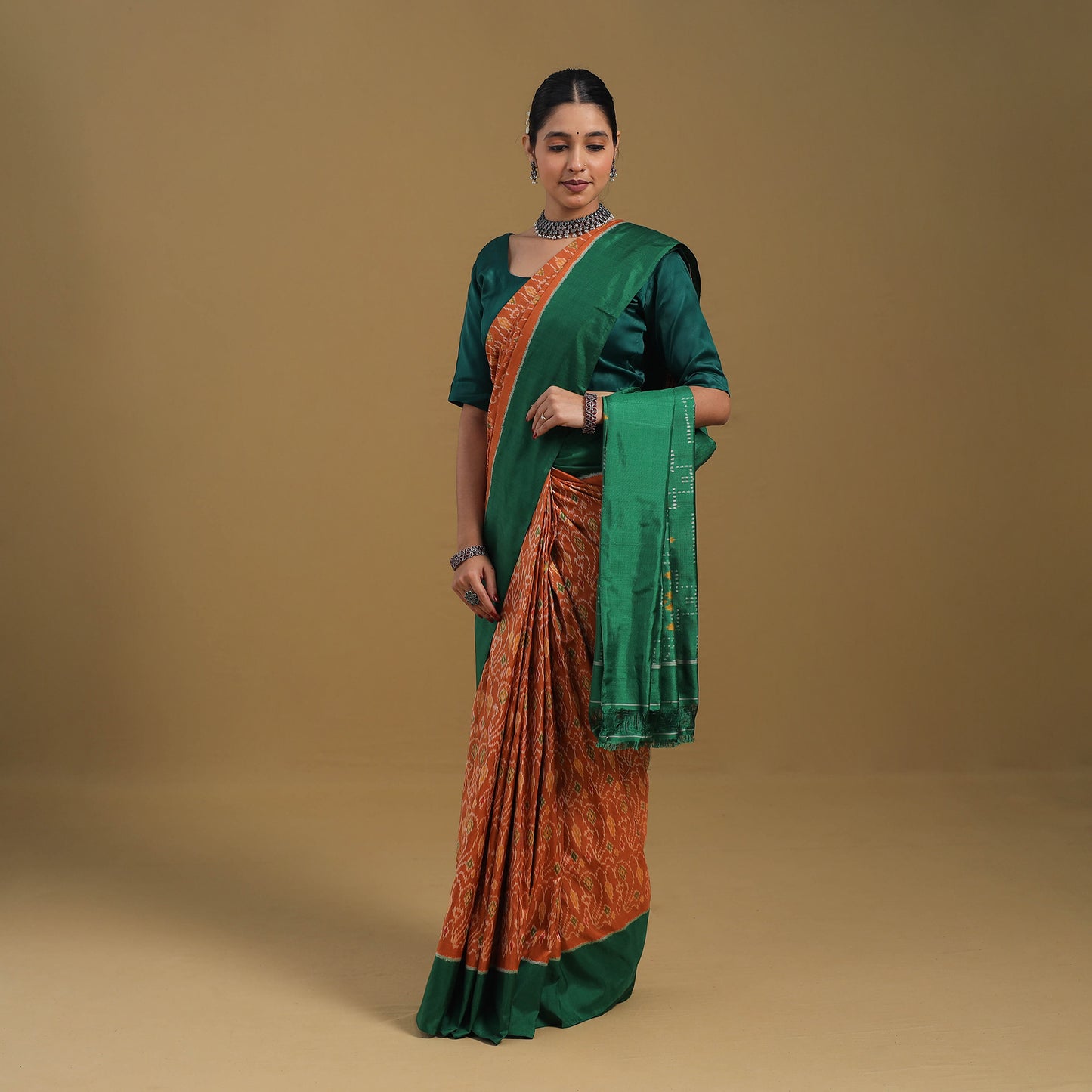 Orange - Handspun Handloom Silk Pochampally Ikat Saree 02