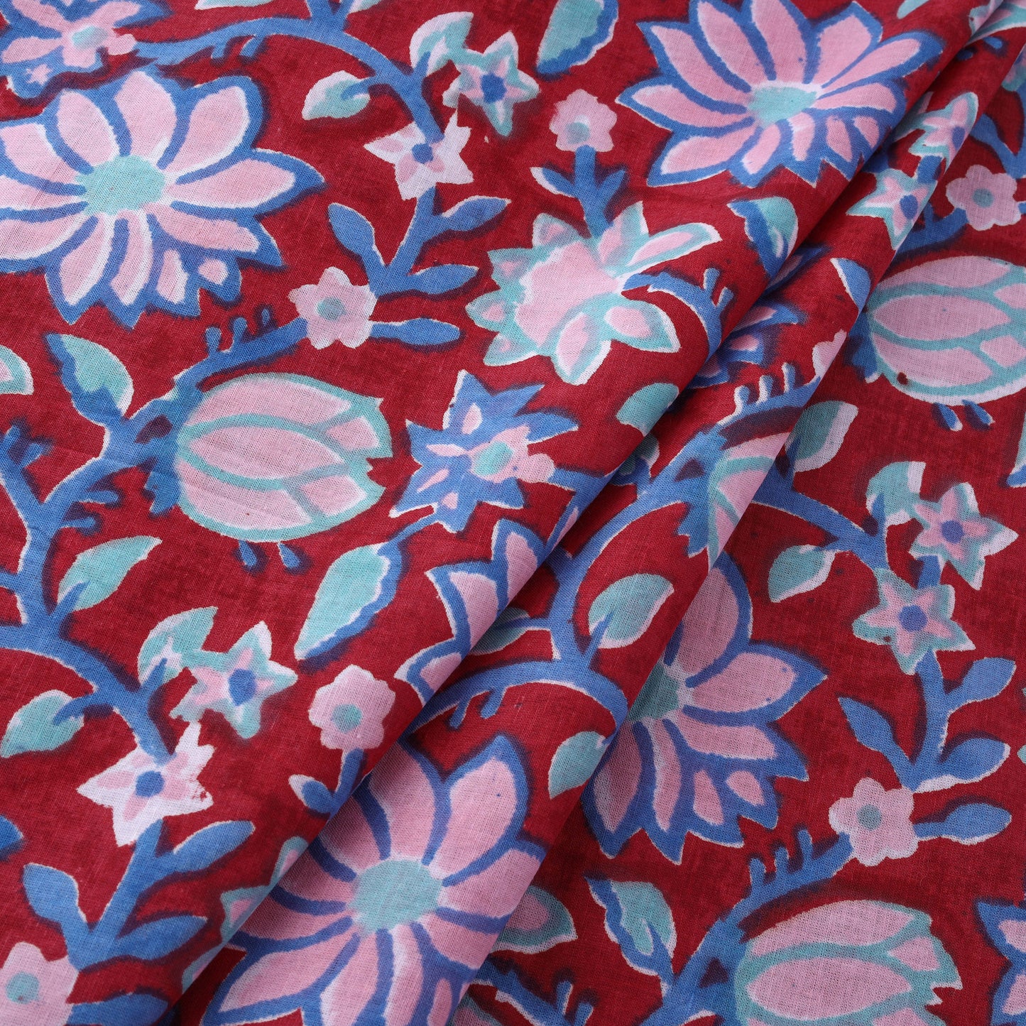 Red - Floral Sanganeri Block Print Cotton Fabric 05