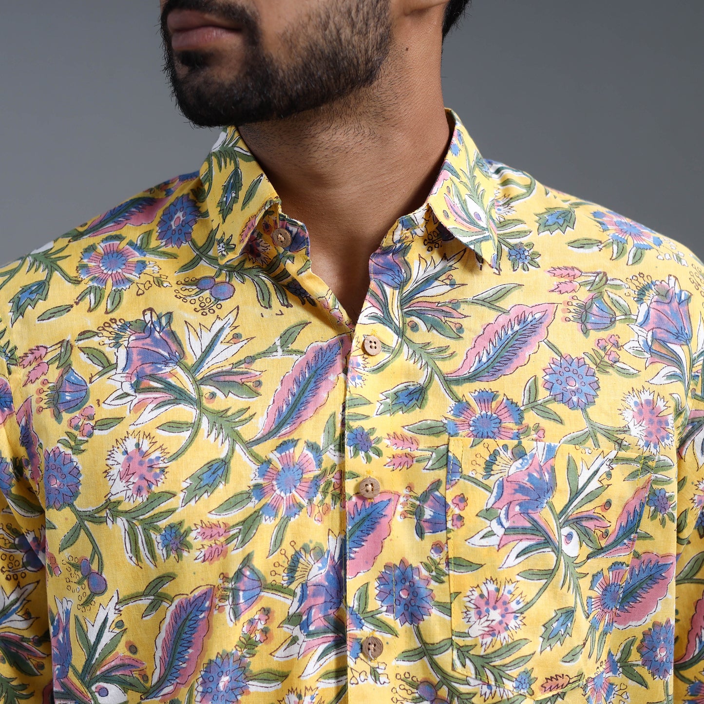 Yellow - Sanganeri Block Printed Cotton Men Full Sleeve Shirt 09